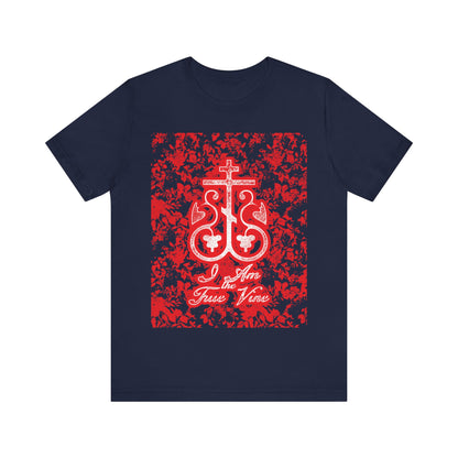 I Am the True Vine (John 15:1) | Orthodox Cross Vine Monogram | Red and Black Floral Design | Orthodox Christian T-Shirt