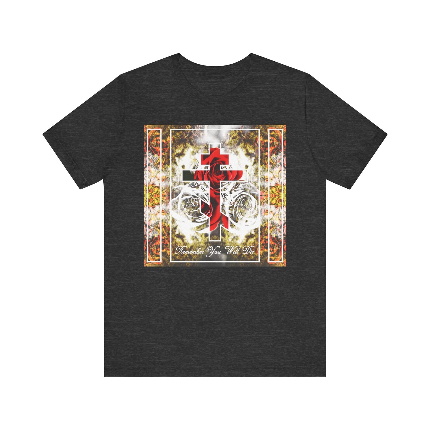Dark grey heather lightweight cotton unisex tee featuring an elegant orthodox cross graphic with roses and floral textures, adorned with the "Remember You Will Die" memento mori message in an elegant font on the front, crafted from soft cotton jersey for a comfortable fit.