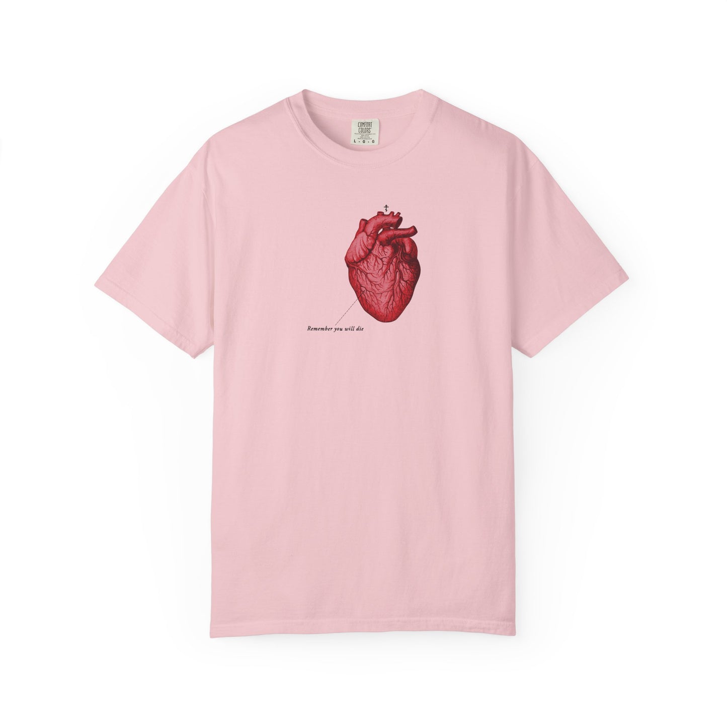 Blossom pink "Remember You Will Die" t-shirt features a retro medical textbook heart and memento mori message—reminding us daily to reflect on repentance and God's mercy. Heavyweight cotton, unisex fit.