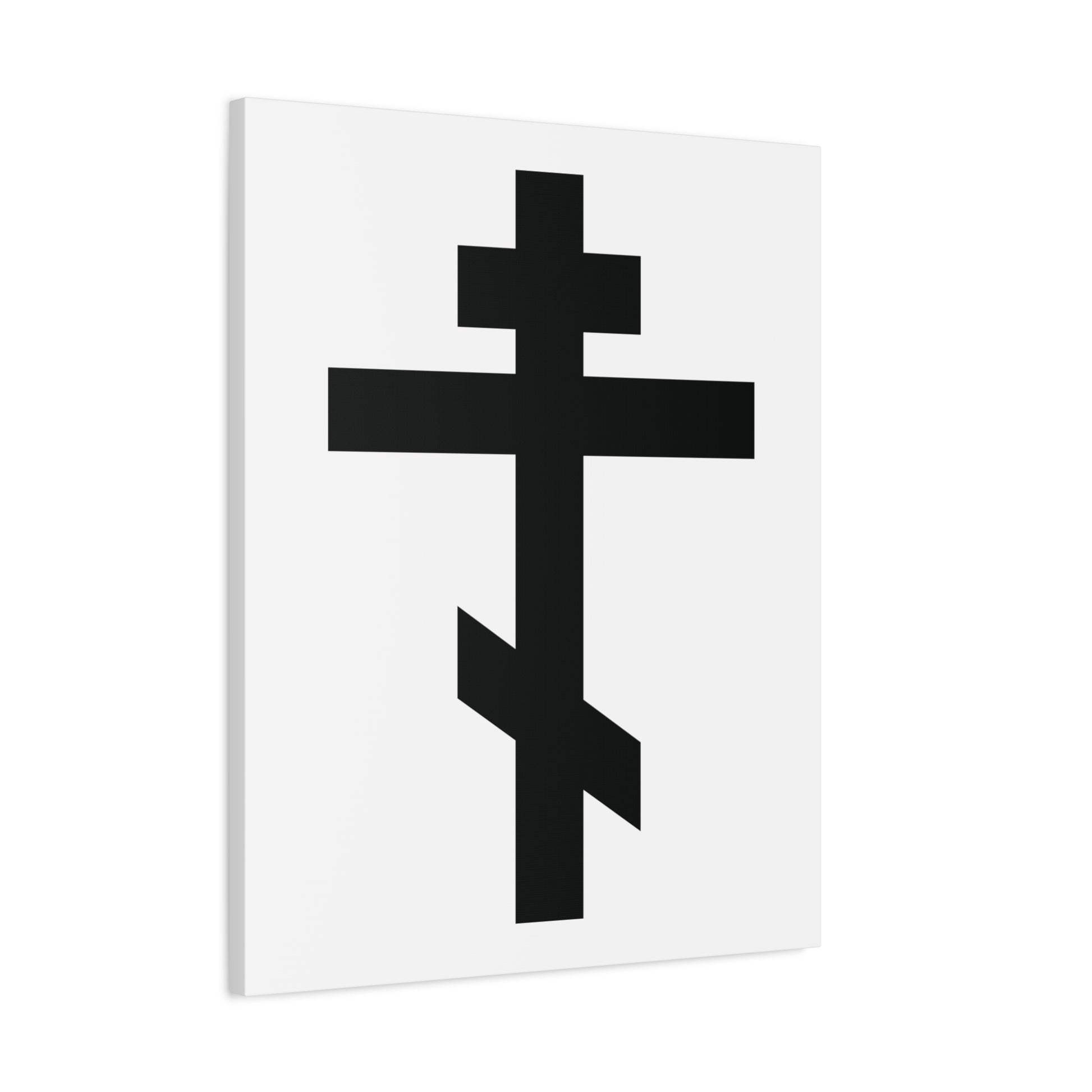 Black Orthodox Cross White Background Canvas Art: Features three bars and the quote “May I never boast, except in the cross of our Lord Jesus Christ” (Gal 6:14), symbolizing Christian faith and tradition.