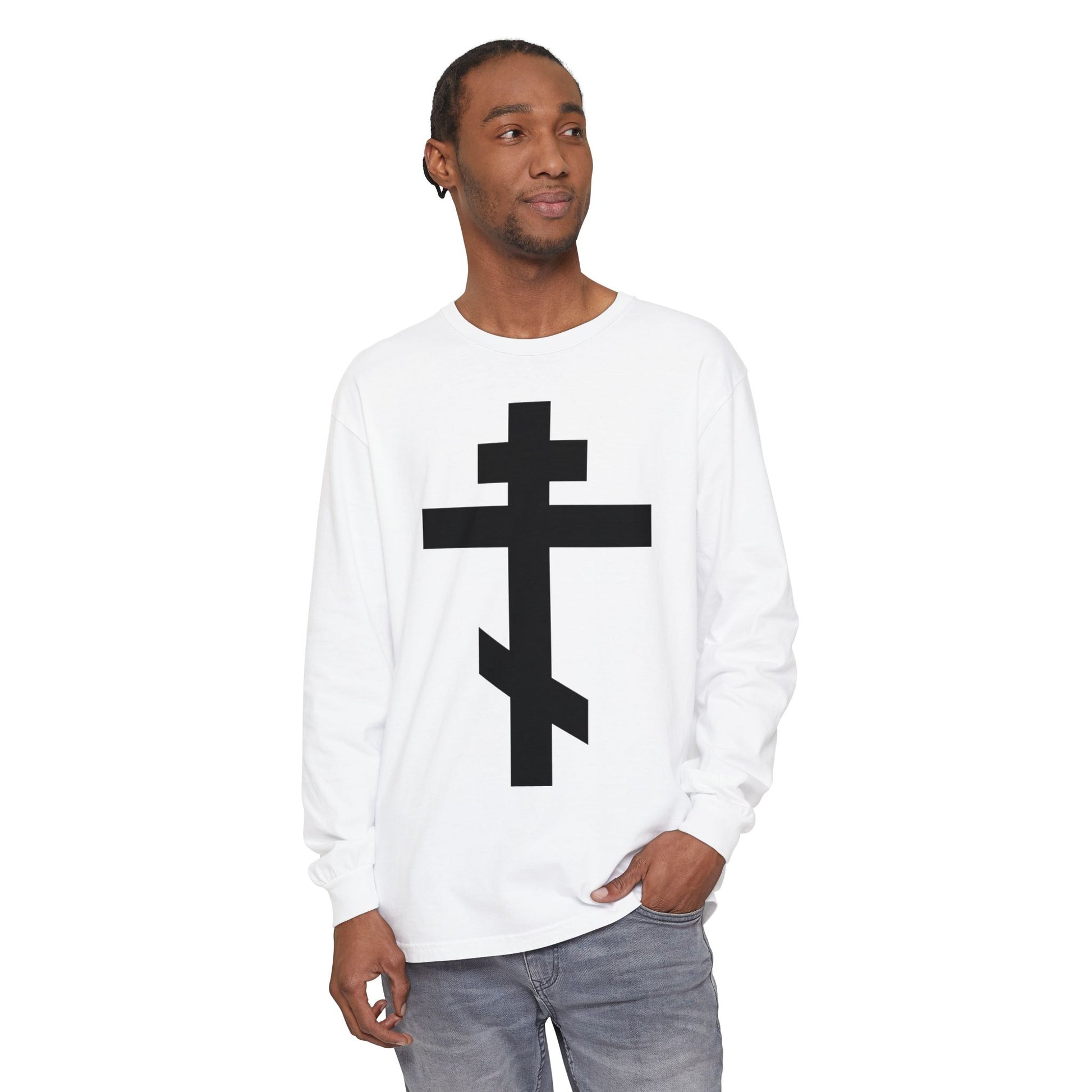 Man wearing the "Black Orthodox Cross" Orthodox Long Sleeve Shirt featuring Galatians 6:14: "May I never boast, except in the cross of our Lord Jesus Christ.
