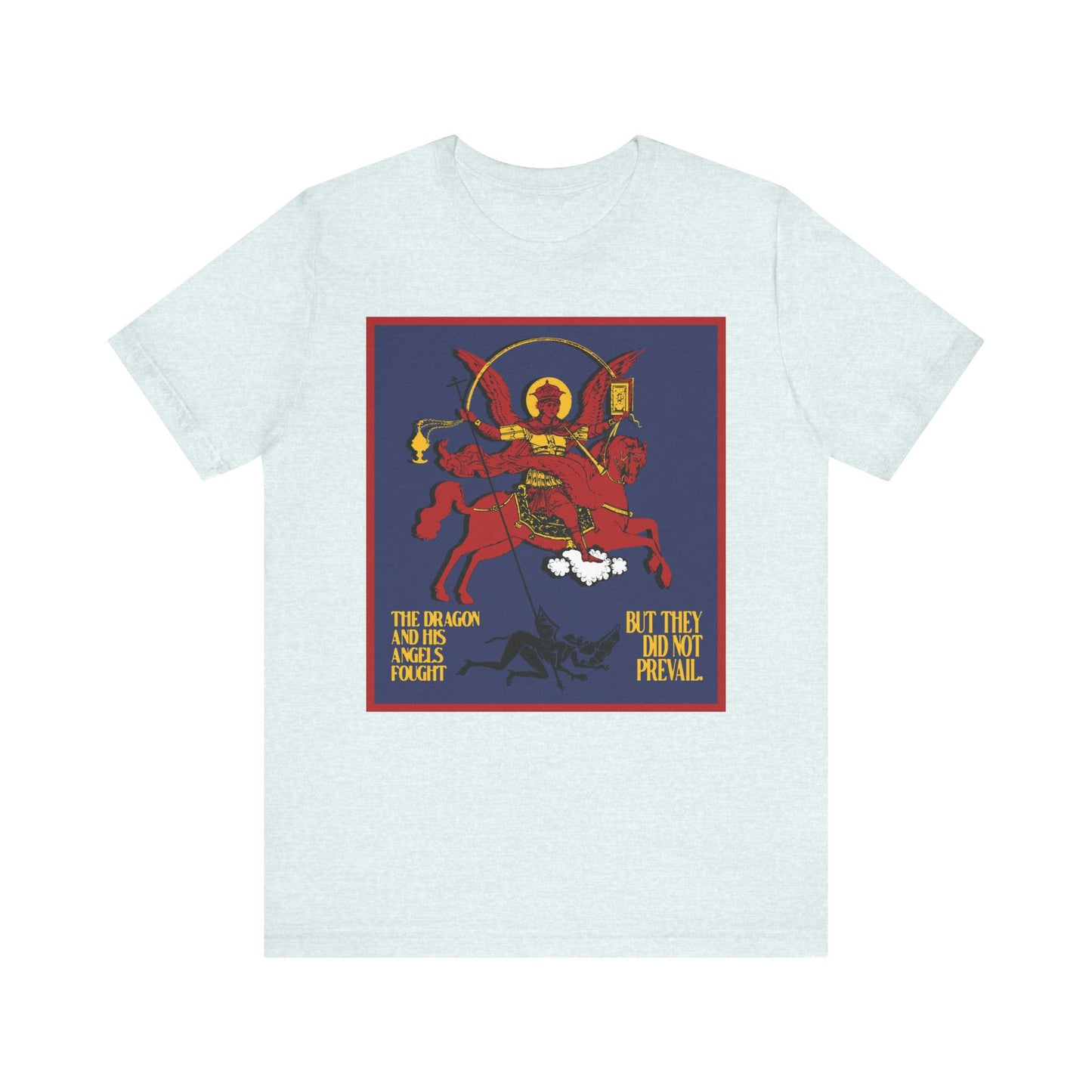 Heather Ice Blue unisex tee featuring Archangel Michael defeating Satan the Dragon (Rev 12:7-8) in apocalyptic iconographic style—a bold Orthodox Christian symbol of spiritual victory. Lightweight cotton for comfort.