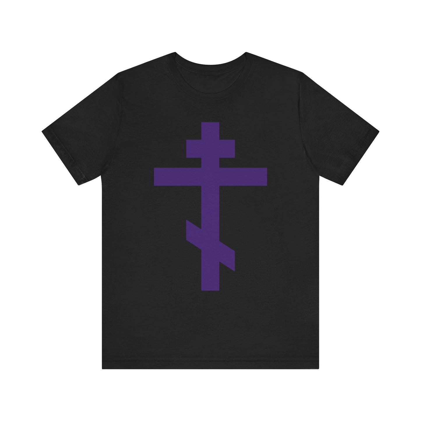 Black lightweight cotton unisex tee featuring a large purple Orthodox tribar cross on the front, inspired by the message “Preserve Thy People By Thy Cross, O Lord” and proclaiming “Christ is King.”.