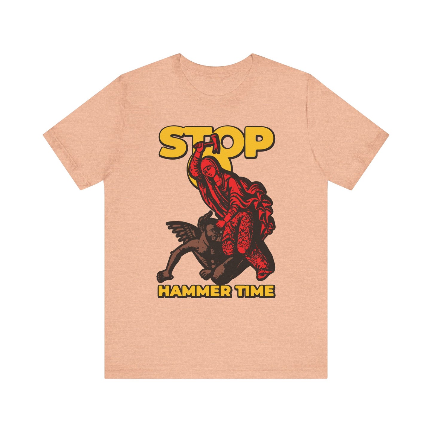 Heather peach unisex t-shirt featuring a red figure holding a hammer over a black creature with the phrase “STOP, HAMMER TIME”—a playful Orthodox meme inspired by St Marina of Antioch’s legendary courage.