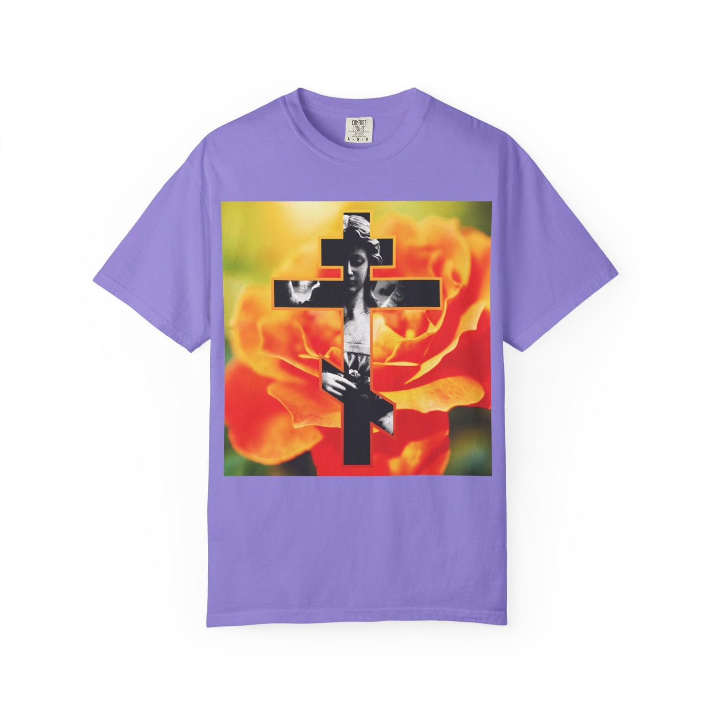 Violet “Cemetery Statue Angel Cross on Orange Rose” heavyweight cotton unisex tee featuring a striking cross over an orange rose, inspired by the Orthodox Christian memento mori tradition and St. Paul’s message in Galatians 6:14 to boast only in the cross of our Lord Jesus Christ.