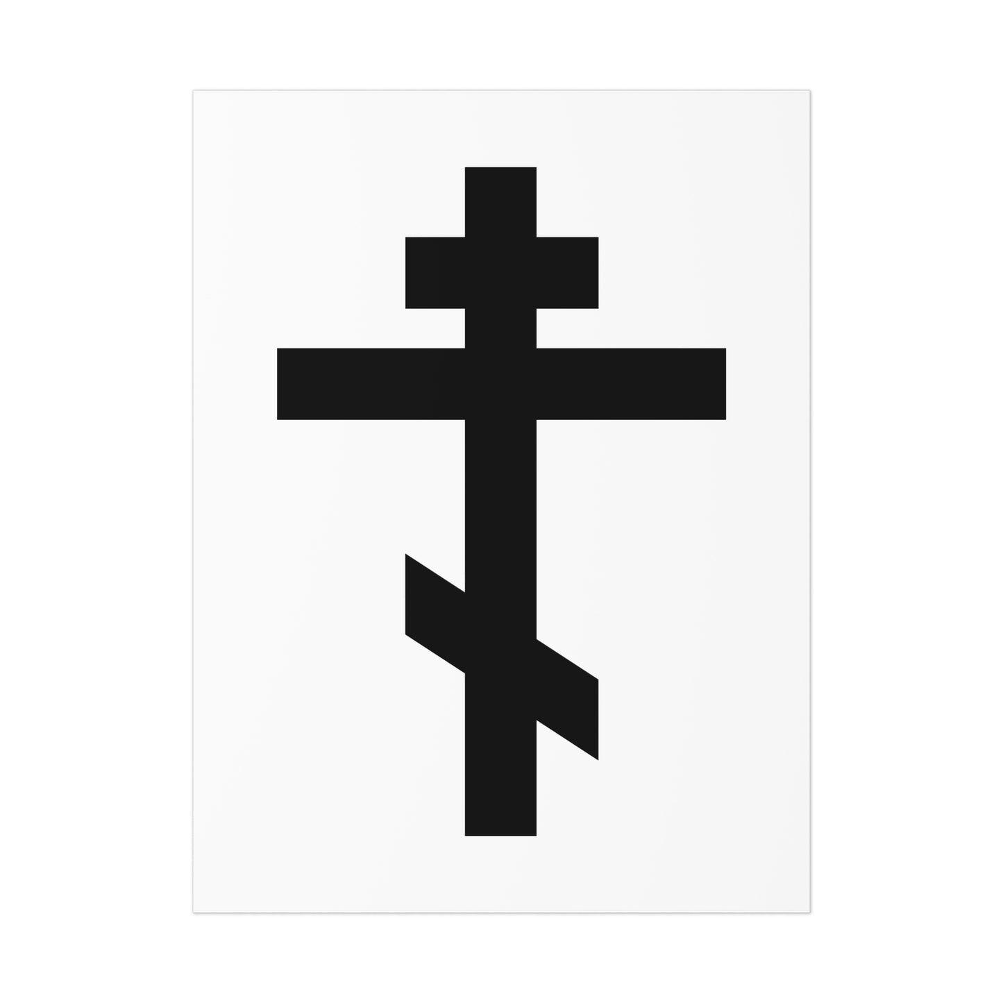 Black Orthodox Cross on a white background art poster, featuring the quote "May I never boast, except in the cross of our Lord Jesus Christ" (Gal 6:14) – Orthodox Christian wall decor.