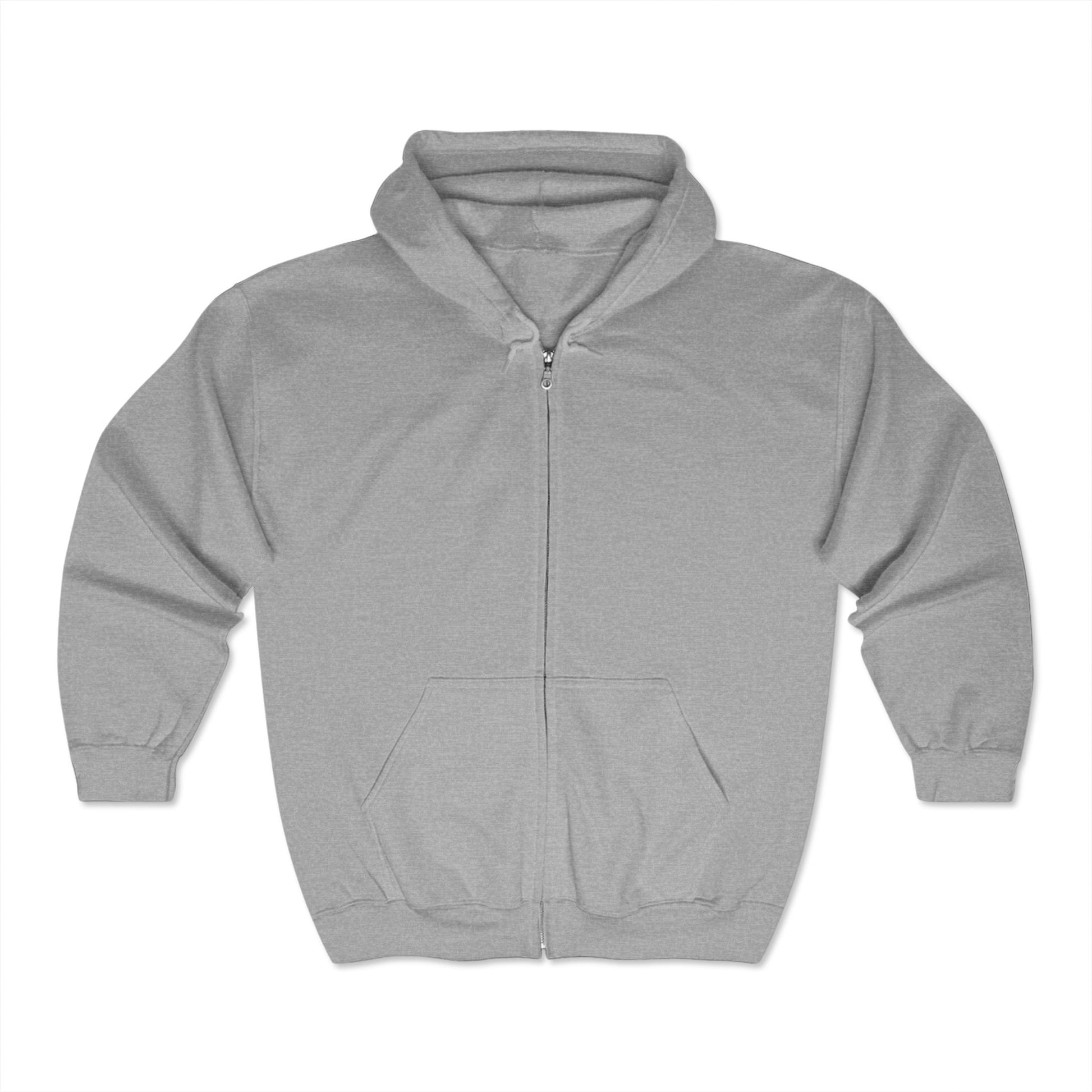 Sport Grey zip-up hoodie with “To Live is Christ, to Die is Gain” and a skull with cross on gold manuscript texture on the back—Orthodox-inspired comfort for reflecting on Christian life.