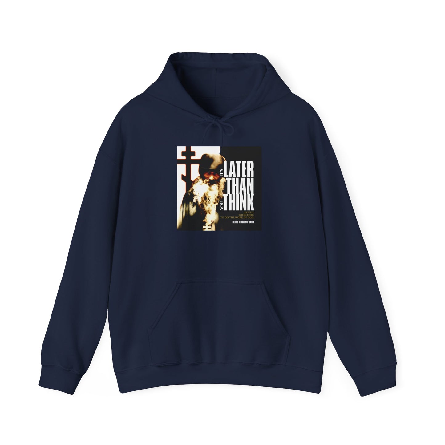 Navy "It's Later Than You Think" hoodie featuring a photo of Fr Seraphim Rose with modern cinematic poster typography, inspired by Orthodox Christian life.