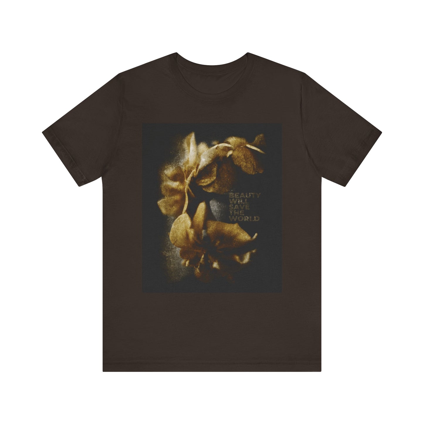 Brown unisex tee featuring “Beauty Will Save the World”—Dostoevsky-inspired, with original photography glorifying Jesus Christ as Universal Creator & King. Lightweight cotton.