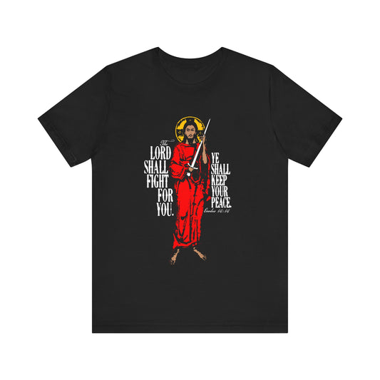 The Lord Shall Fight For You (Exodus 14:14) | Jesus Christ with Sword IconoGraphic | Orthodox Christian Cotton T-Shirt