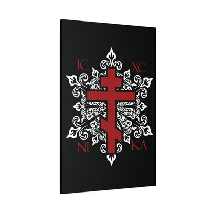 ICXC / NIKA Red Orthodox Cross on Ornate White Medieval Floral Design | Exclusive Best-Selling | Orthodox Christian Canvas Art
