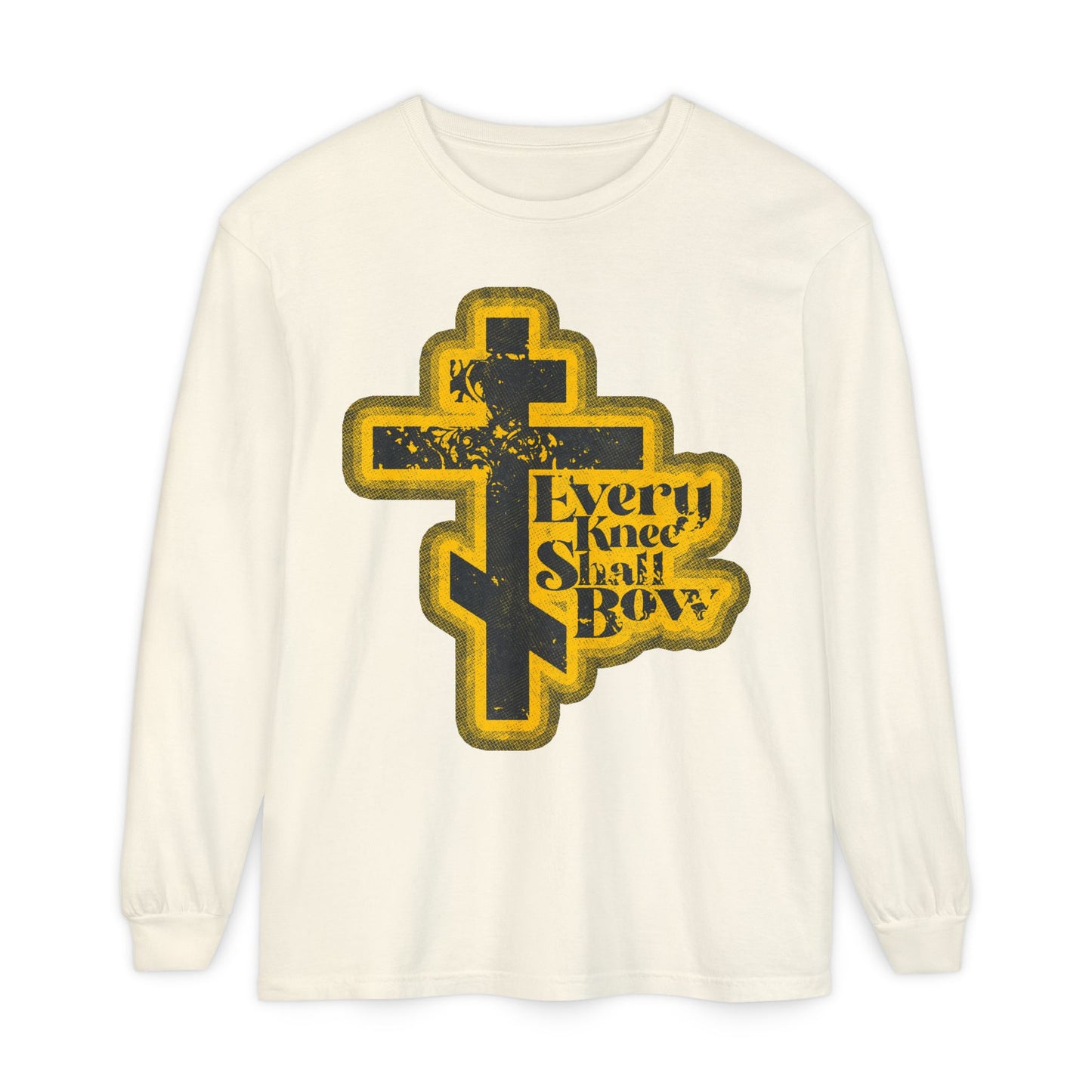 Ivory long-sleeve "Every Knee Shall Bow" shirt featuring a 70s distressed halftone comic book design, inspired by Philippians 2:10-11 & Isaiah 45:23, proclaiming that Jesus Christ is Lord. Orthodox Christian apparel.