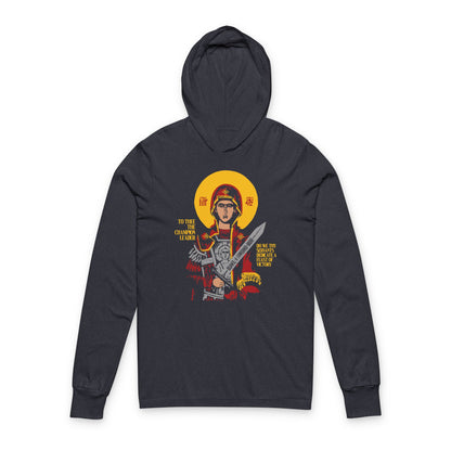 To Thee the Champion Leader | Mother of God | Theotokos with Sword IconoGraphic | Orthodox Long Sleeve Hooded Shirt
