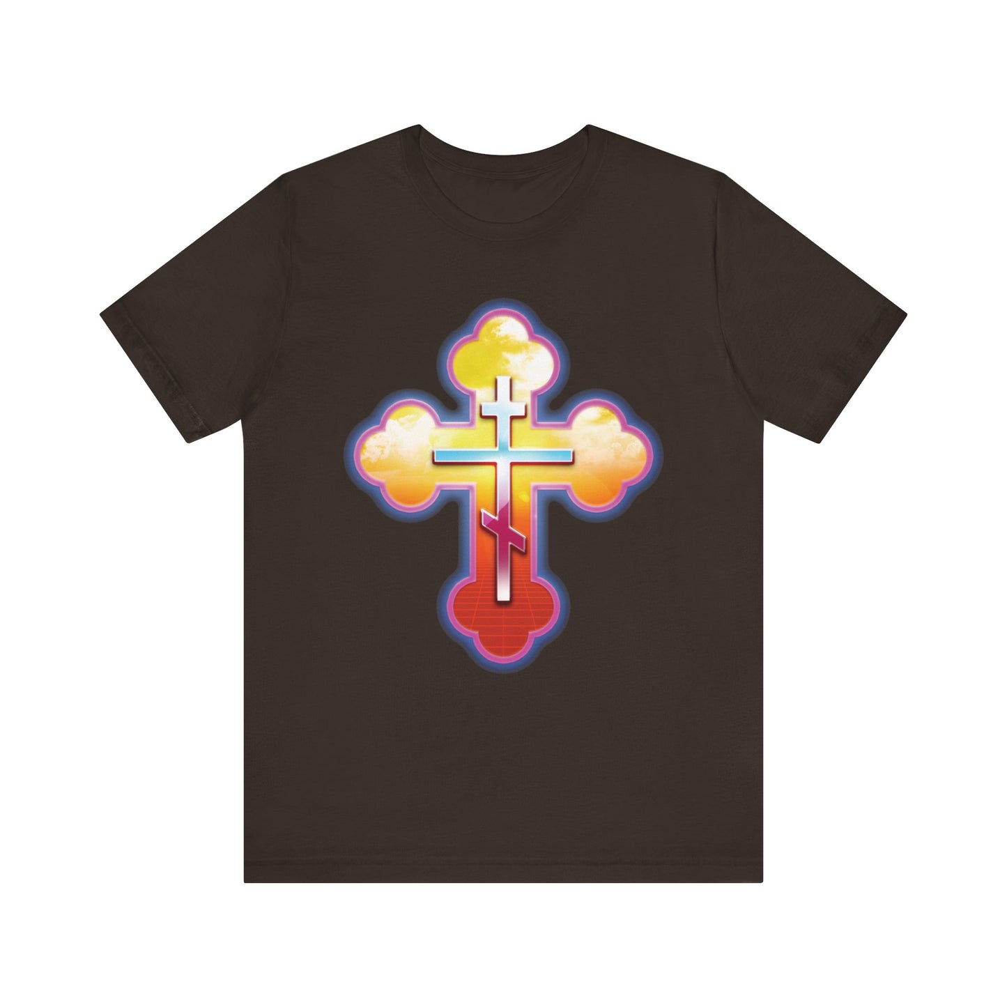 80s Synthwave Retrowave Outrun Aesthetic | Glowing & Reflective Gold & Red Three-Bar Cross | Lightweight Cotton Unisex Tee