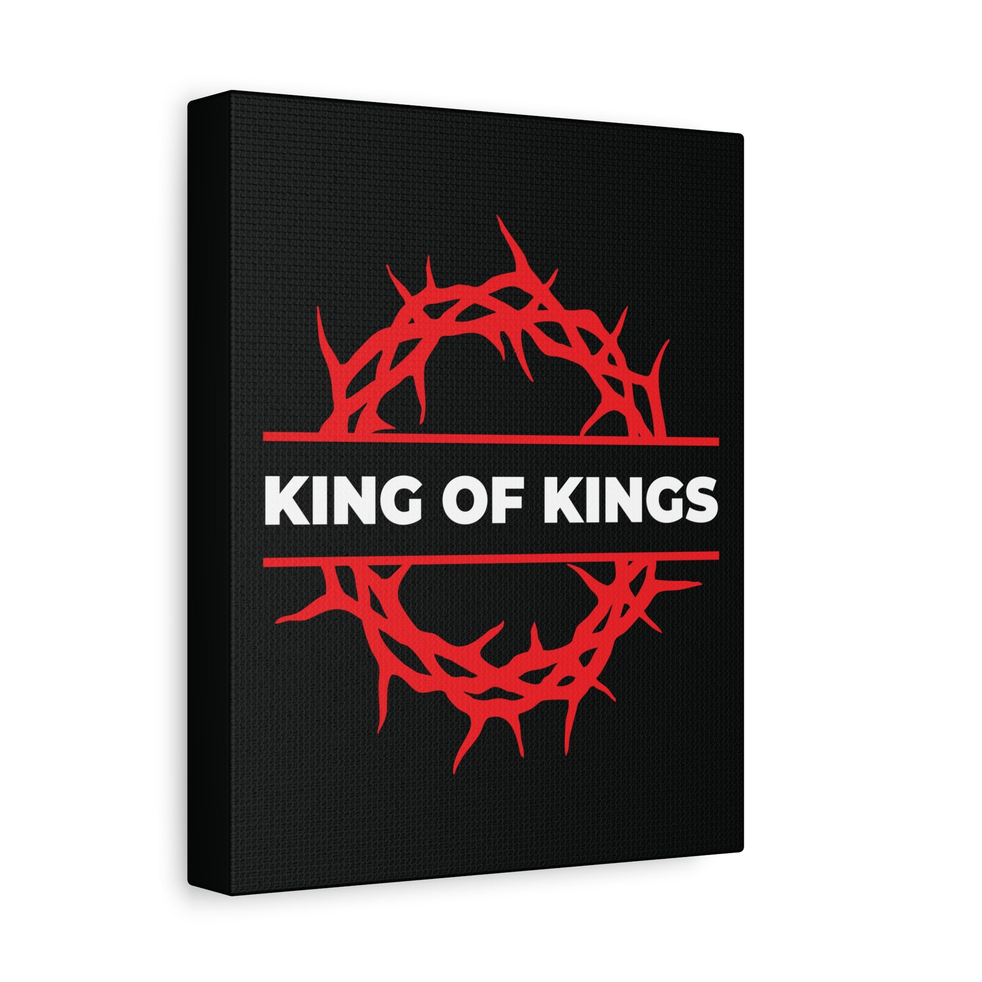 The "King of Kings Crown of Thorns" Bold Christian Canvas Art features a red crown of thorns with "KING OF KINGS" text, inspired by Revelation 19:16—celebrating Christ as King and the King of Glory.