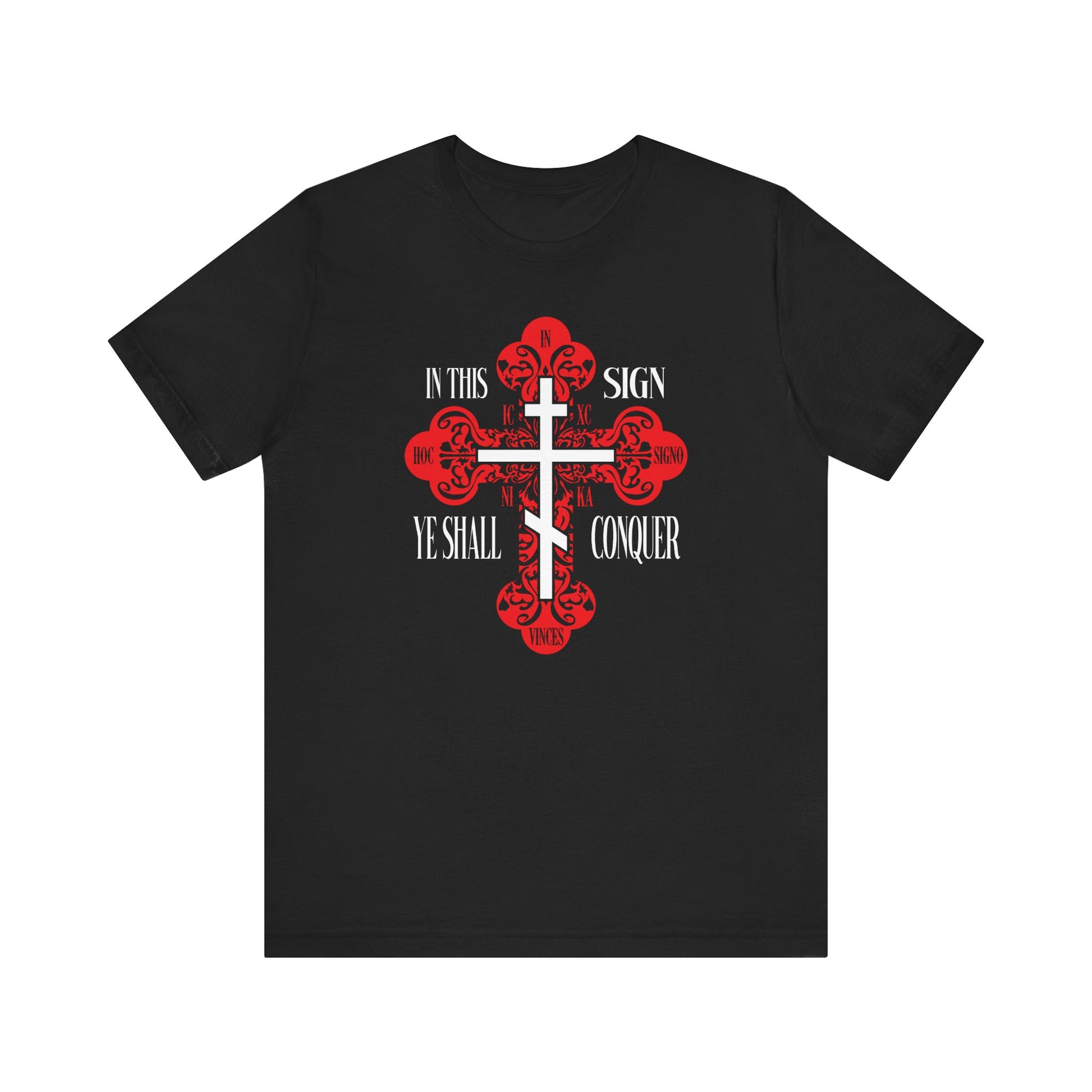 Black lightweight cotton unisex tee featuring a red ornate Orthodox cross, "In This Sign Ye Shall Conquer" and "ICXC NIKA"—a tribute to Christ’s victory and Orthodox tradition.