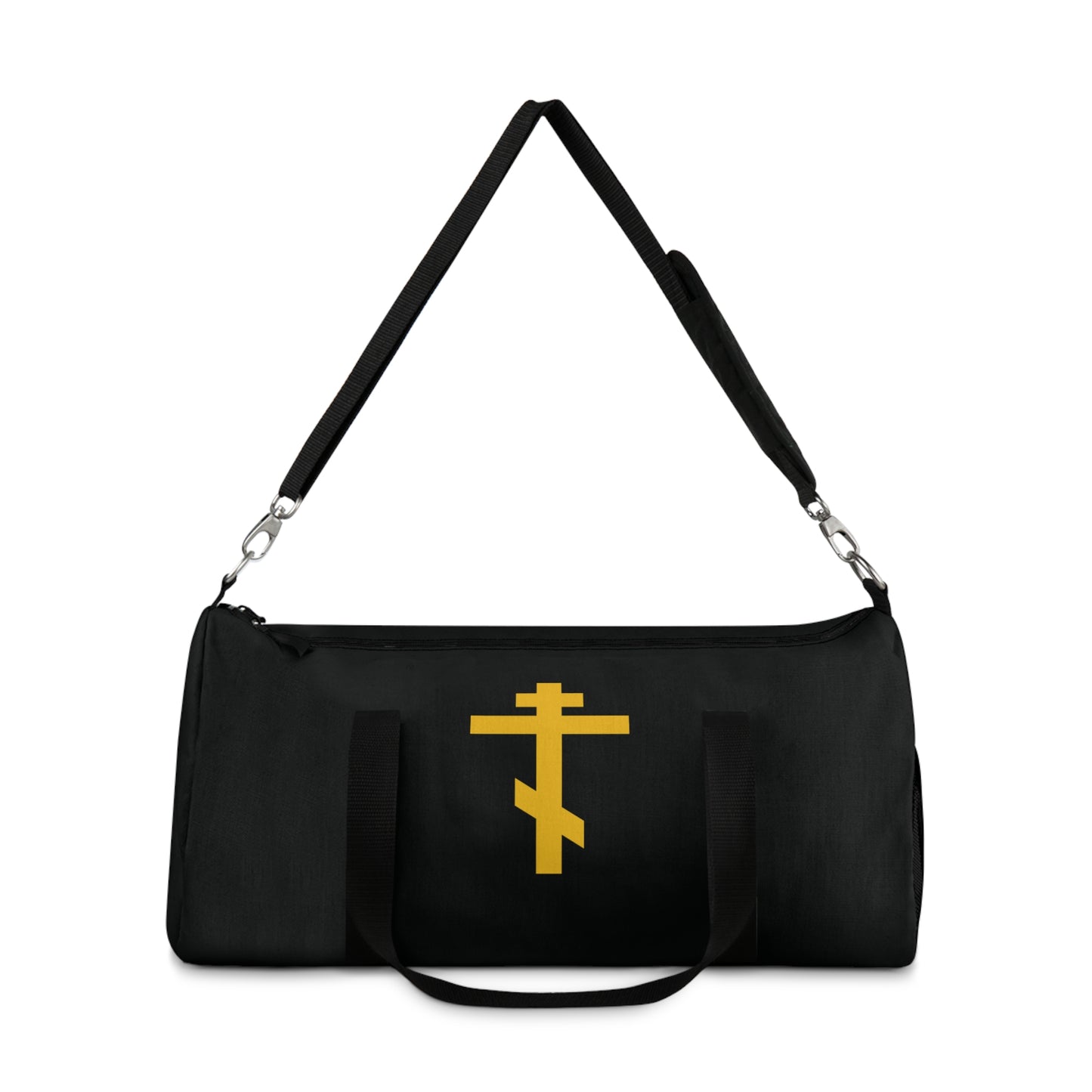 Black duffel bag with a yellow Orthodox cross on black background, inspired by “Precious and Life-Giving Weapon of Unseen Warfare”—an Orthodox Christian gym bag for those who cherish faith in daily life.