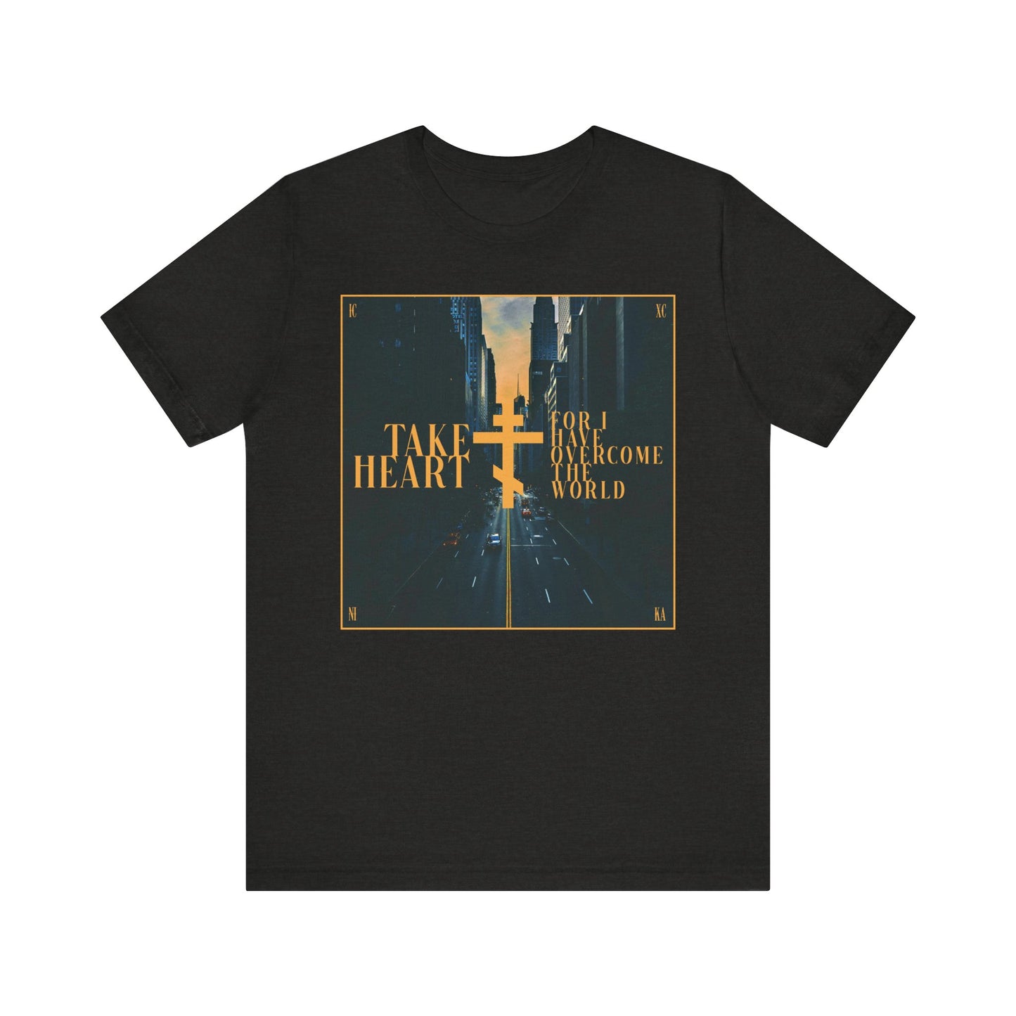 Take Heart, For I Have Overcome the World (John 16:33) | Redemptive Modern City Street Scene Design | Lightweight Cotton Unisex Tee