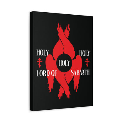 Red seraphim wings and Orthodox crosses frame the words "Holy Holy Holy Lord of Sabaoth" from Isaiah 6:3 on black canvas, inspired by St. Cyril's Holy Anaphora—Christian wall art for Divine Council reflection.