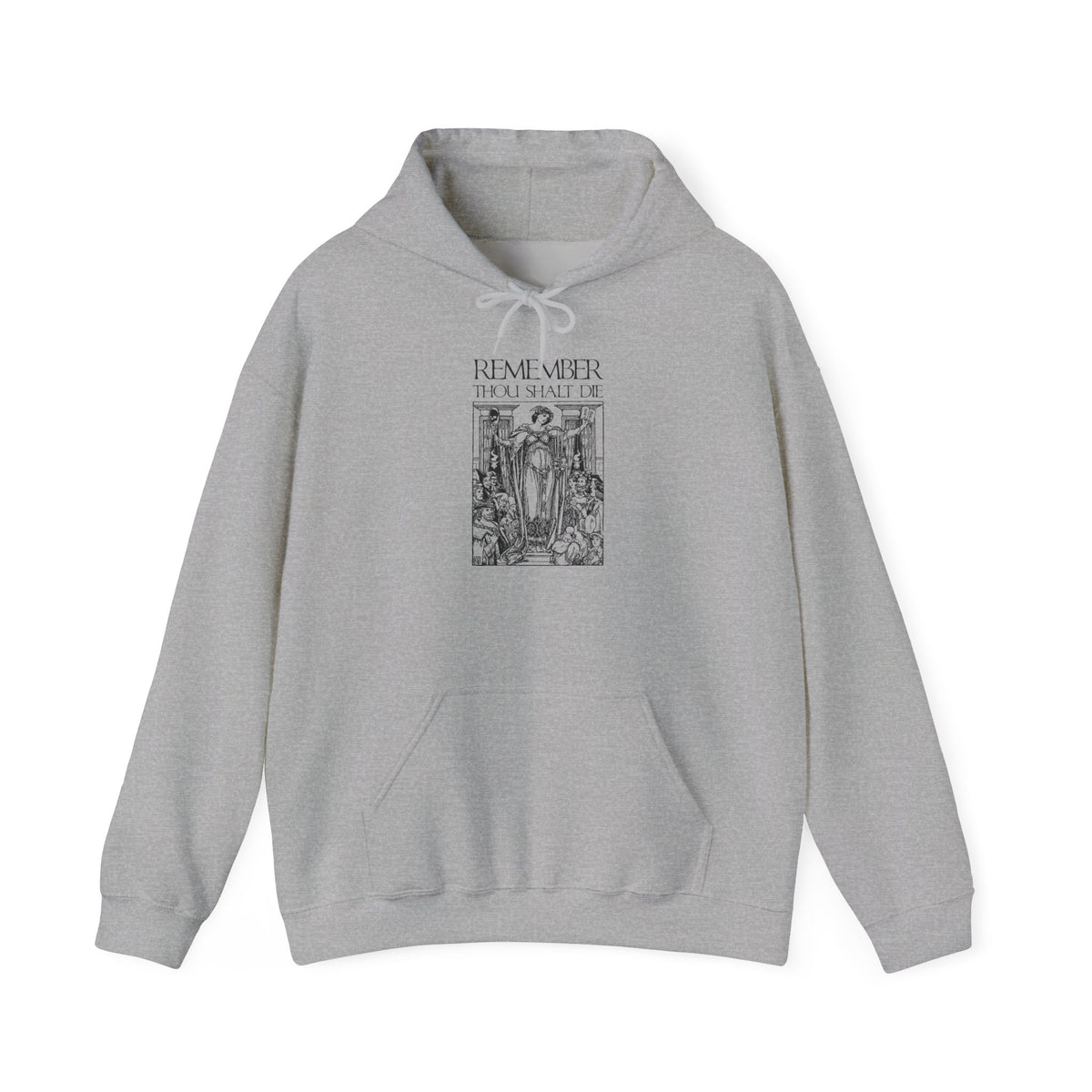 Sport Grey hoodie featuring a classic woodcut illustration and the phrase “REMEMBER THOU SHALT DIE” above the design, inspired by Orthodox Christian themes and the lamentation of St Ephraim the Syrian—a Shakespearean-style memento mori.