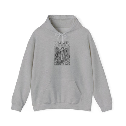 Sport Grey hoodie featuring a classic woodcut illustration and the phrase “REMEMBER THOU SHALT DIE” above the design, inspired by Orthodox Christian themes and the lamentation of St Ephraim the Syrian—a Shakespearean-style memento mori.