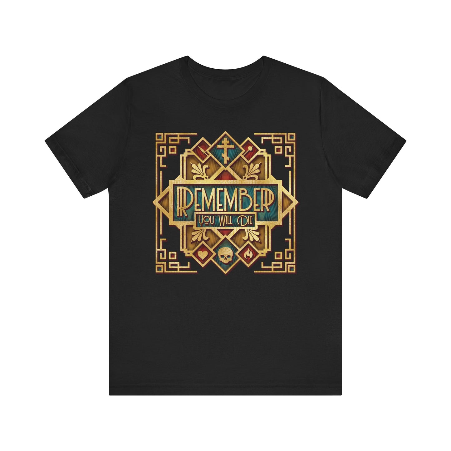 Black "Remember You Will Die Classic Metallic Art Deco Design" Orthodox Christian unisex t-shirt, featuring ornate gold framing, symbolic elements inspired by The Art of Salvation, and Elder Ephraim’s reminder that true eternal life begins with reflection; made from lightweight cotton for comfort.