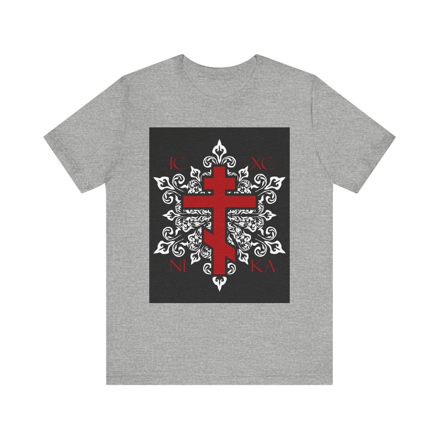 Athletic Heather unisex tee featuring a red Orthodox cross with “ICXC NIKA” over an ornate white medieval floral design, inspired by Eden. Lightweight cotton; best-selling Orthodox Christian style.