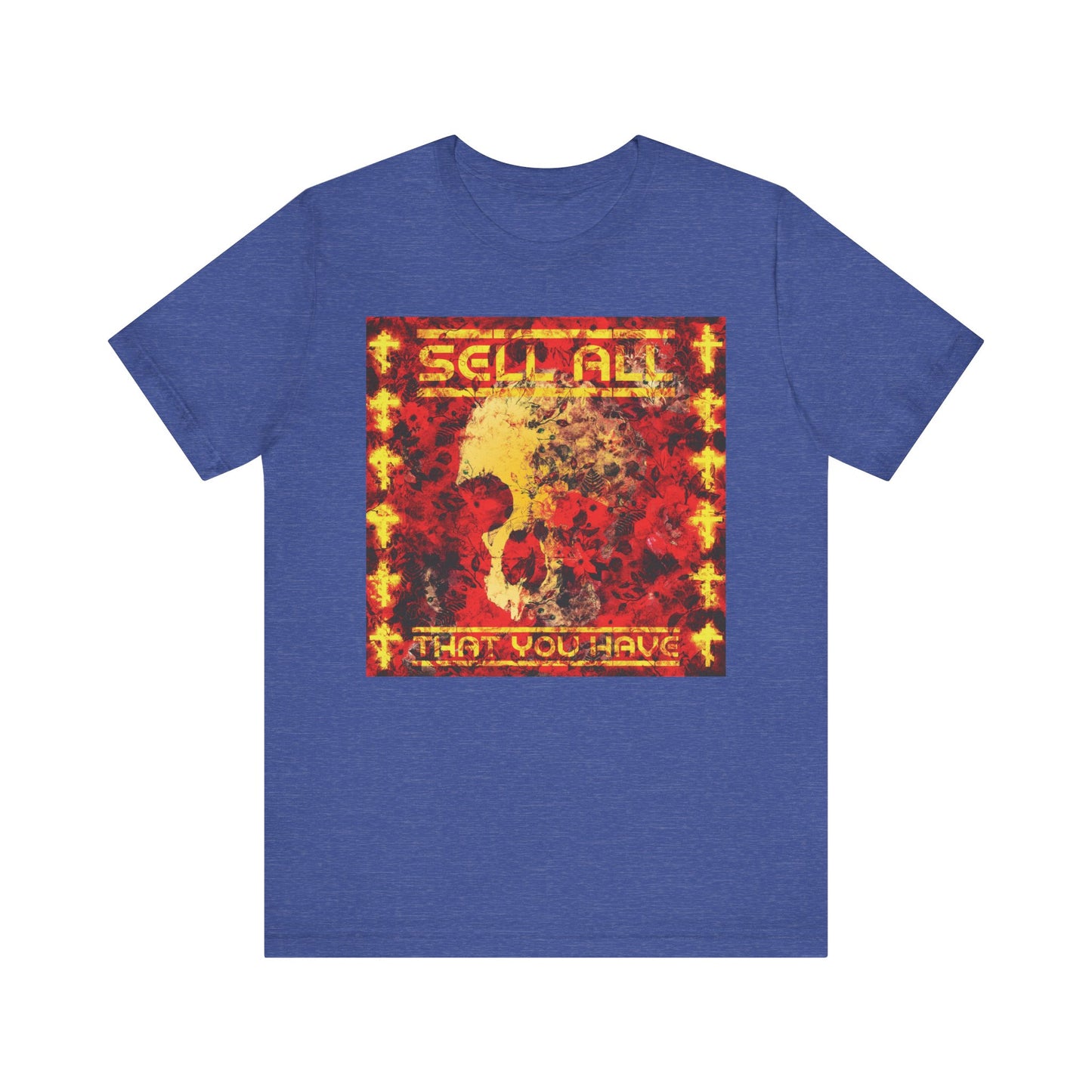Heather True Royal t-shirt featuring a red and yellow abstract art design with the phrase "SELL ALL THAT YOU HAVE" on the front, inspired by Jesus Christ’s teachings on eternal life and following the commandments. Product: Sell All That You Have No. 1 | Orthodox Christian Lightweight Cotton Unisex Tee.