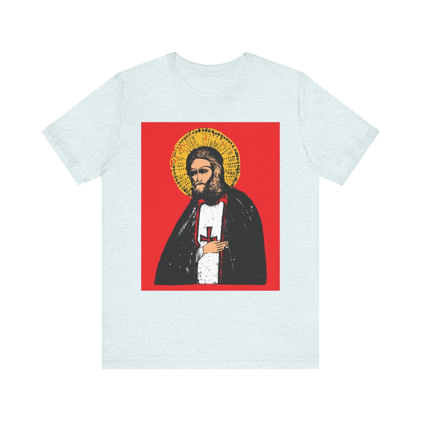 True Aim of Christian Life T-shirt—St Seraphim of Sarov IconoGraphic in Heather Ice Blue, featuring a 2-sided Orthodox design about acquiring the Holy Spirit and embracing Christian life. Lightweight unisex cotton tee.