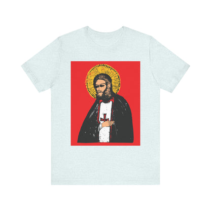 True Aim of Christian Life T-shirt—St Seraphim of Sarov IconoGraphic in Heather Ice Blue, featuring a 2-sided Orthodox design about acquiring the Holy Spirit and embracing Christian life. Lightweight unisex cotton tee.