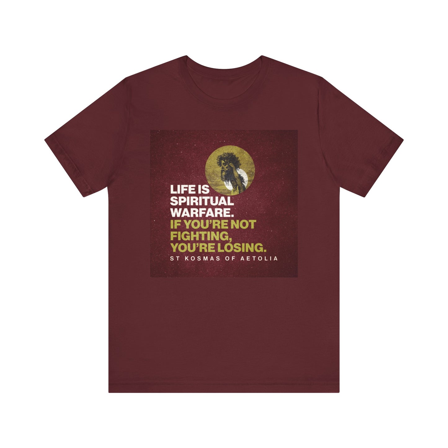 Introducing our maroon "Life is Spiritual Warfare. If You're Not Fighting, You're Losing" tee, featuring the bold message inspired by David slaying Goliath and Orthodox Christian tradition. Crafted from lightweight cotton, this unisex shirt serves as a daily reminder to stay vigilant in the spiritual battle for your soul.