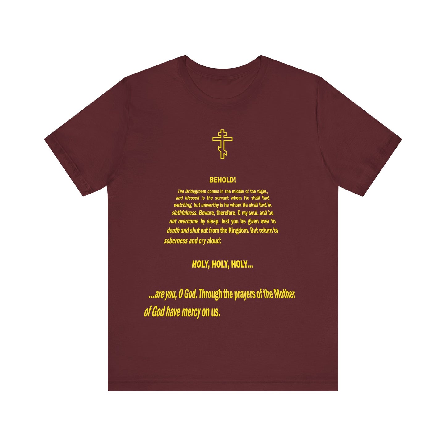 Maroon "Behold the Bridegroom" Orthodox Christian unisex tee features a St@r W@rs title crawl design inspired by Holy Week’s Bridegroom Matins, printed on lightweight cotton.