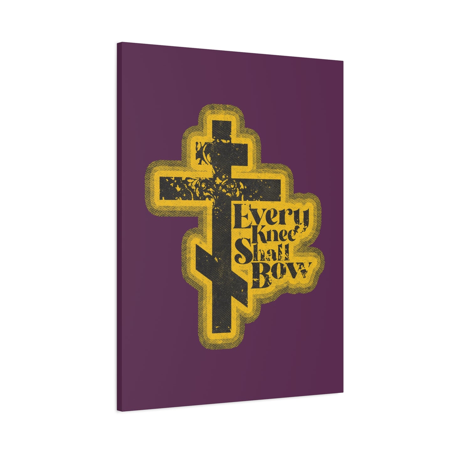 A 70s distressed halftone comic book style wall art featuring a yellow and black cross, “Every Knee Shall Bow” text, Philippians 2:10-11 & Isaiah 45:23 on a purple background. Christian decor for your space.