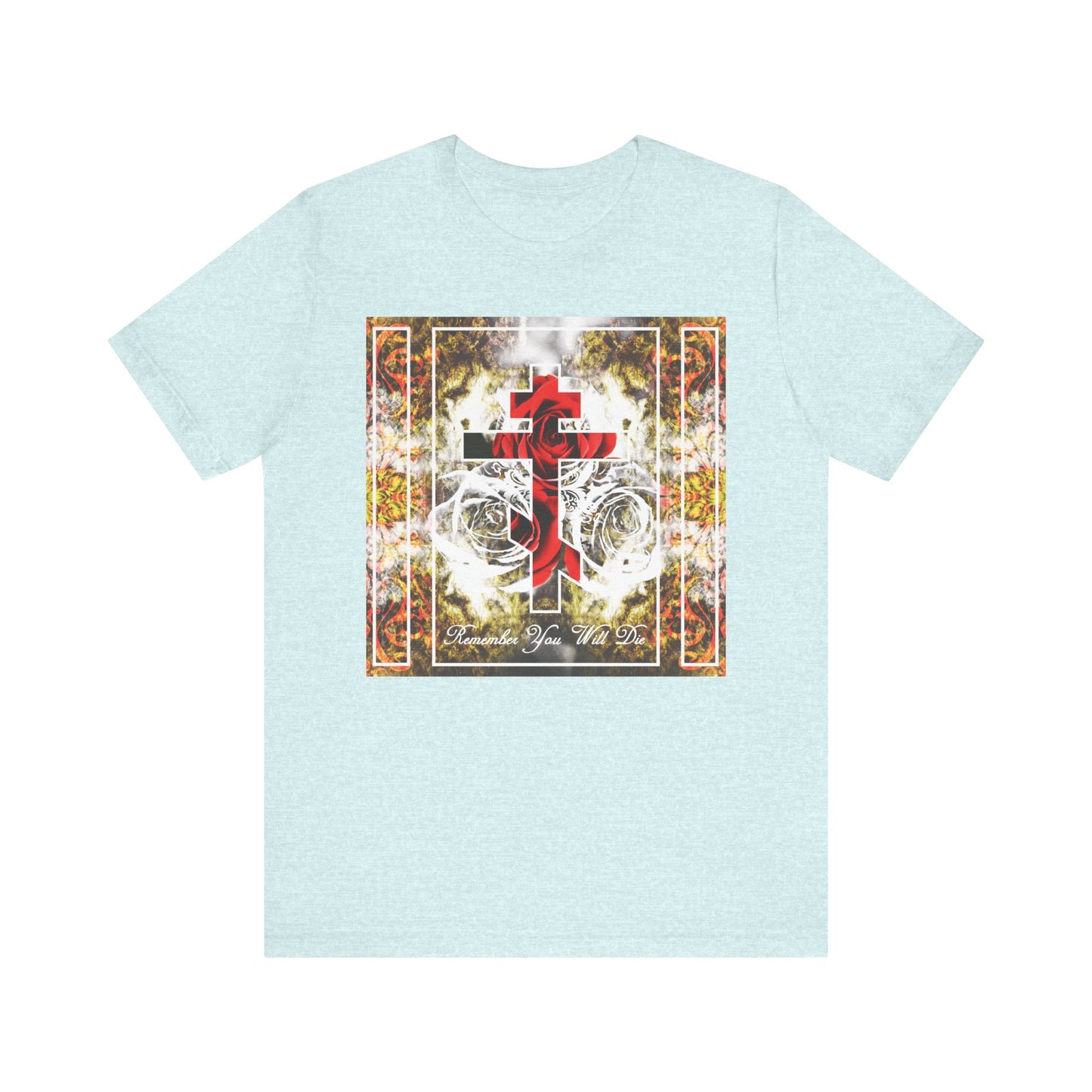 Heather Prism Ice Blue unisex lightweight cotton tee featuring an Orthodox cross with roses, elegant "Remember You Will Die" text, and a floral texture. This classic short sleeve shirt offers soft, all-day comfort and effortless Christian-inspired style.