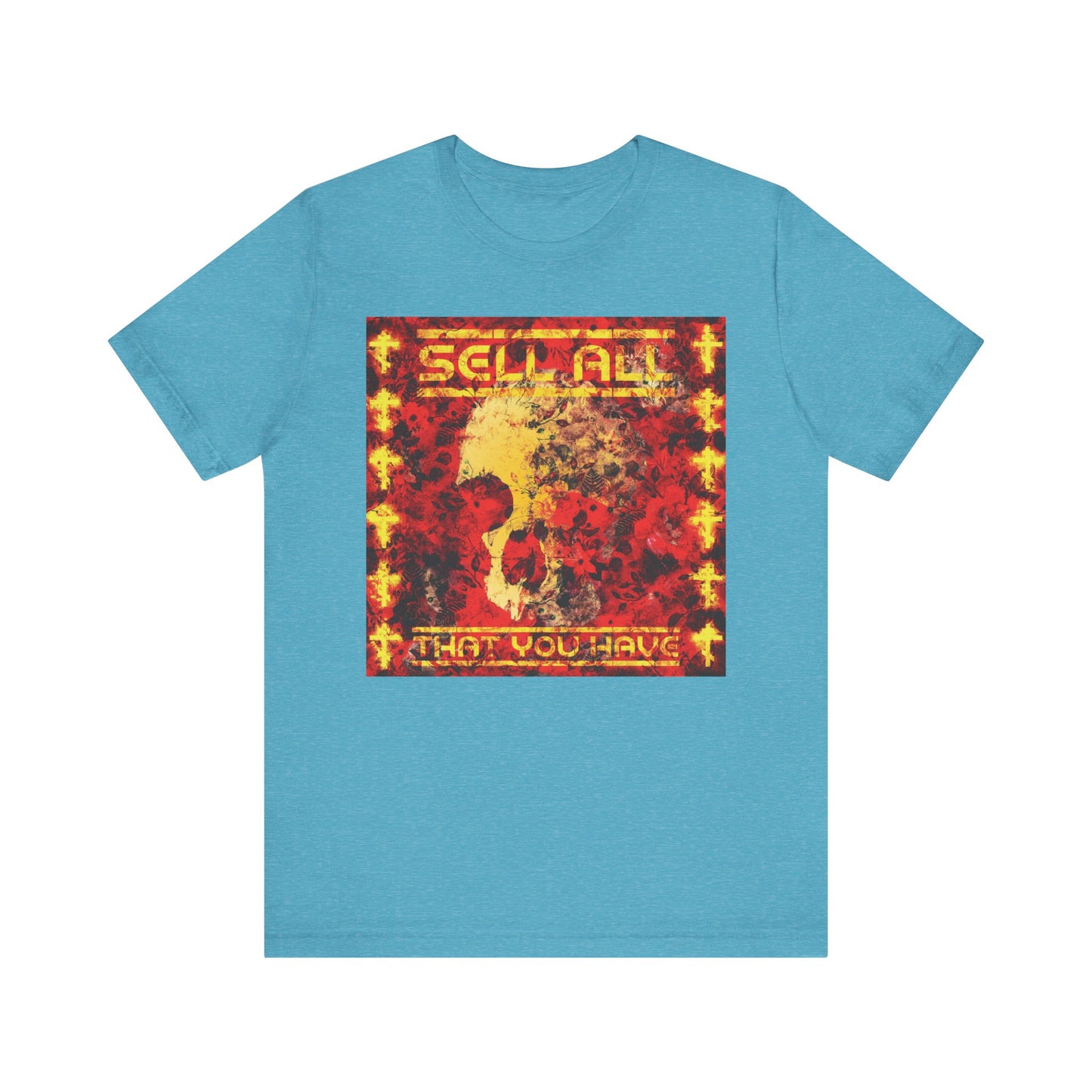 Heather Aqua t-shirt called "Sell All That You Have No. 1 | Orthodox Christian Lightweight Cotton Unisex Tee," featuring a square red and yellow graphic with the words SELL ALL THAT YOU HAVE and a white face silhouette, inspired by Jesus Christ’s teachings about eternal life and following the commandments.