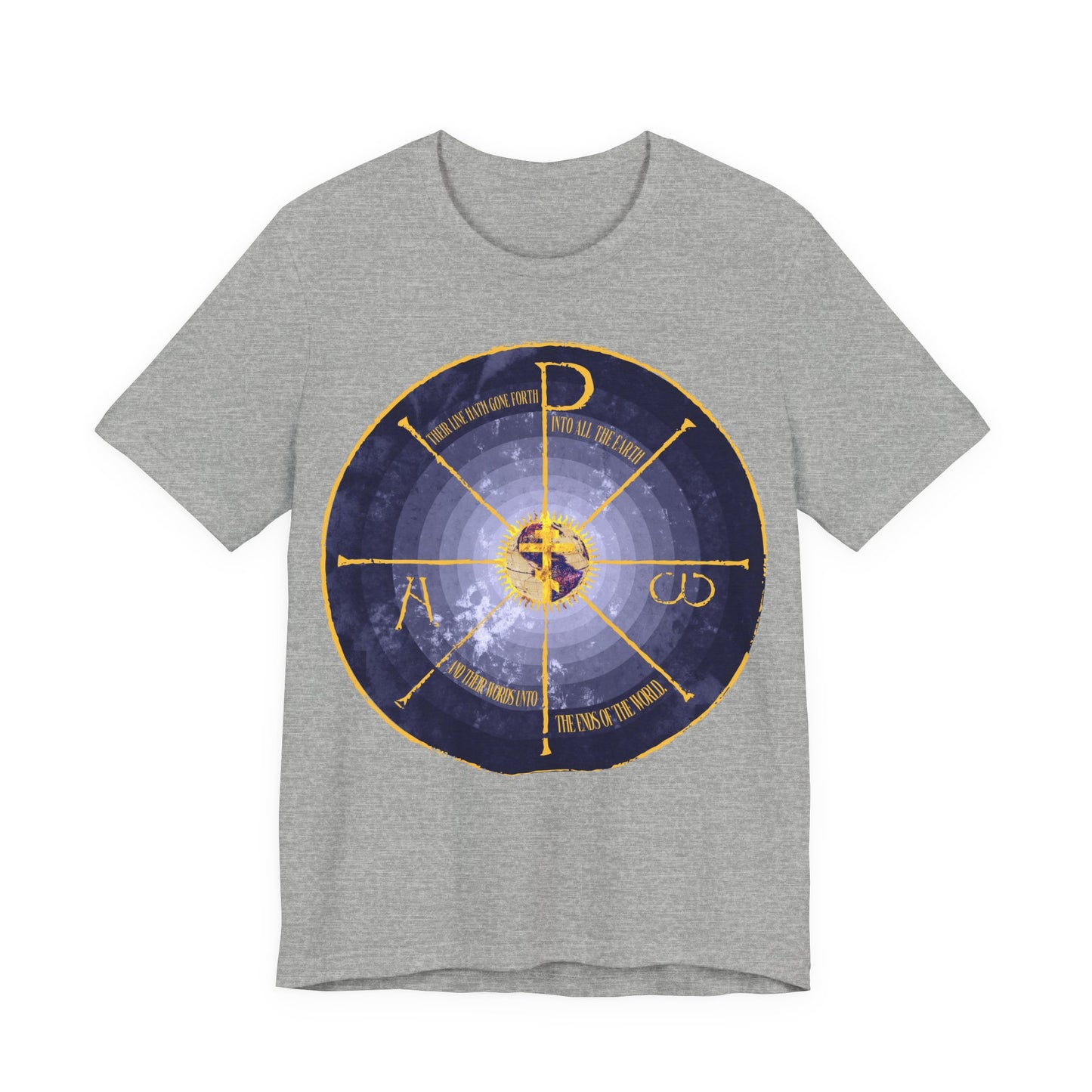 Geocentric Cross & Chi Rho | Alpha & Omega | Blue and Yellow Design | Medieval Style Graphic | Orthodox Christian Cotton T-Shirt