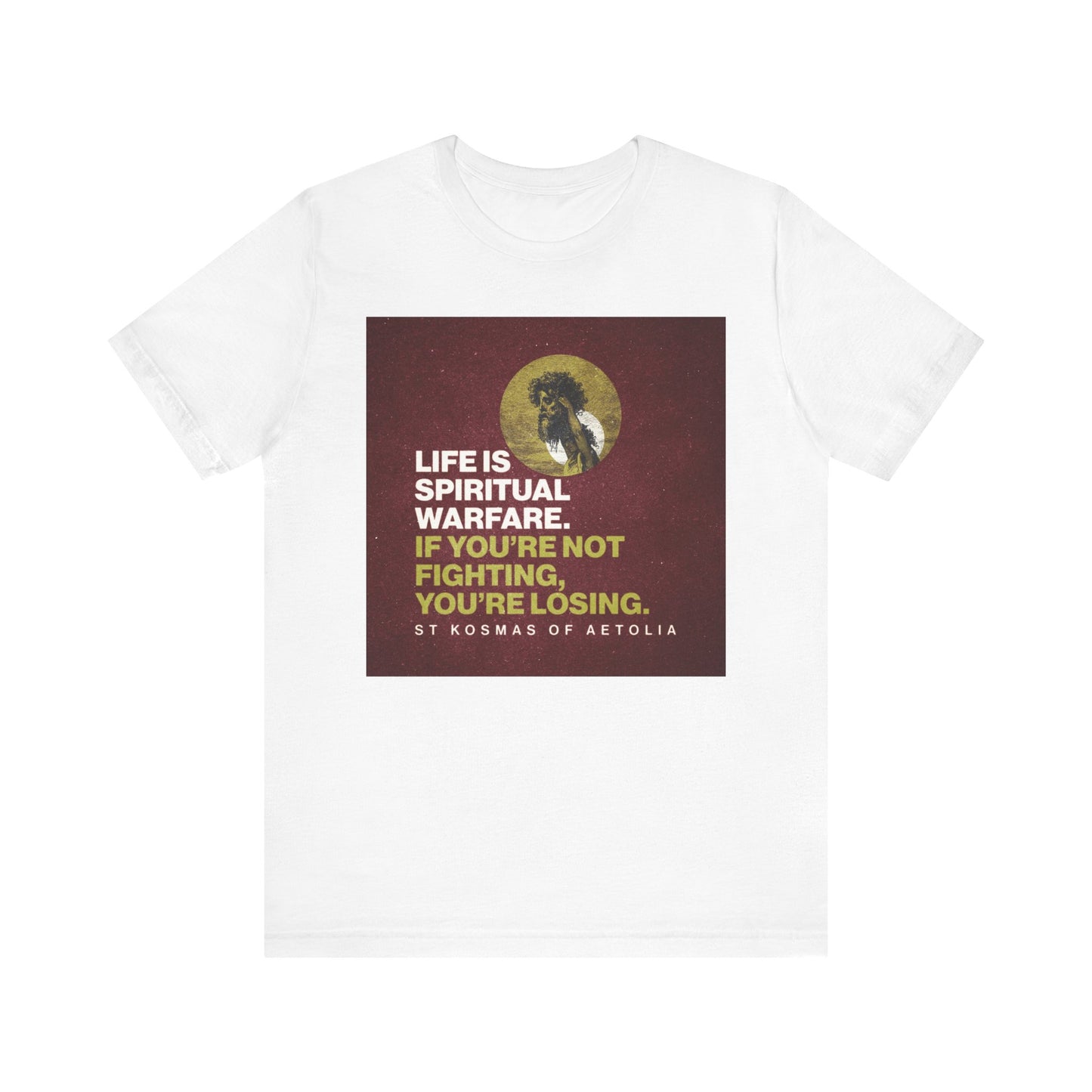 White "Life is Spiritual Warfare. If You're Not Fighting, You're Losing" Orthodox Christian lightweight cotton unisex tee features the inspiring message alongside a David slaying Goliath design, reminding you each day to stand firm in faith.