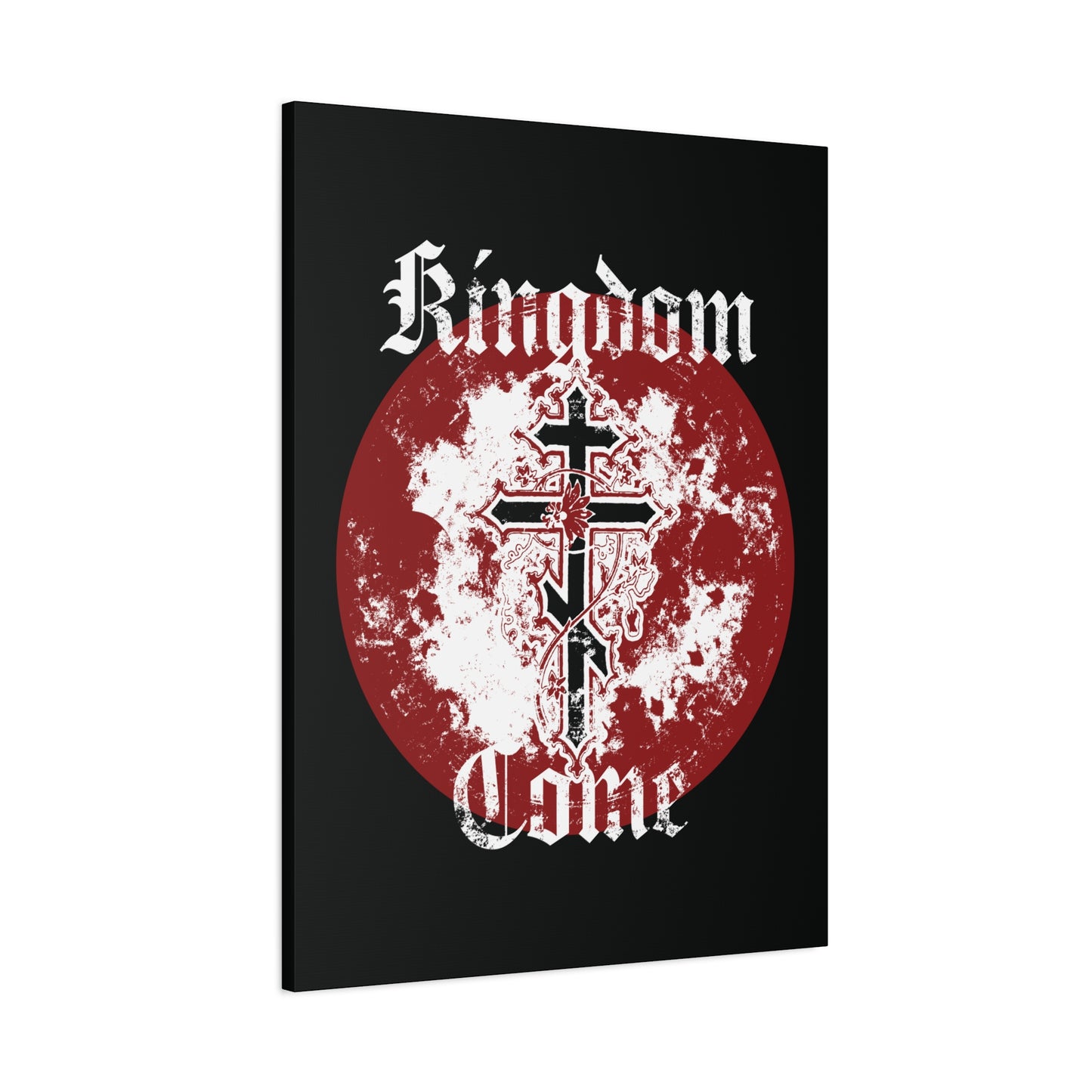 Black canvas art titled "Kingdom Come" with a red circle, Orthodox Vine Cross, and white Gothic-text Lord’s Prayer—Orthodox Christian decor with textured font.
