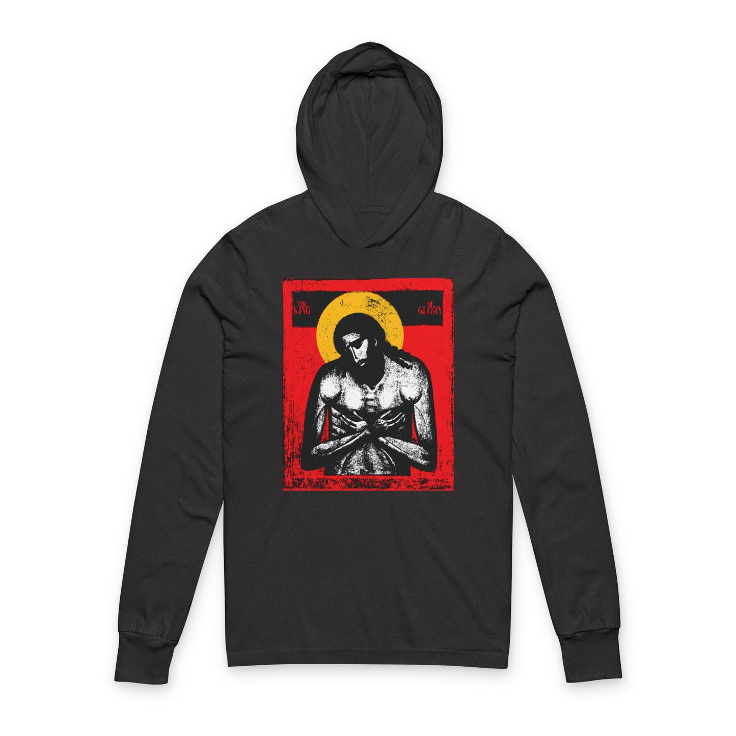 Charcoal Black TriBlend hoodie featuring "The King of Glory Jesus Christ 'Extreme Humility' IconoGraphic" in red, yellow, white, and black—Christian devotional design inspired by Isaiah 53.