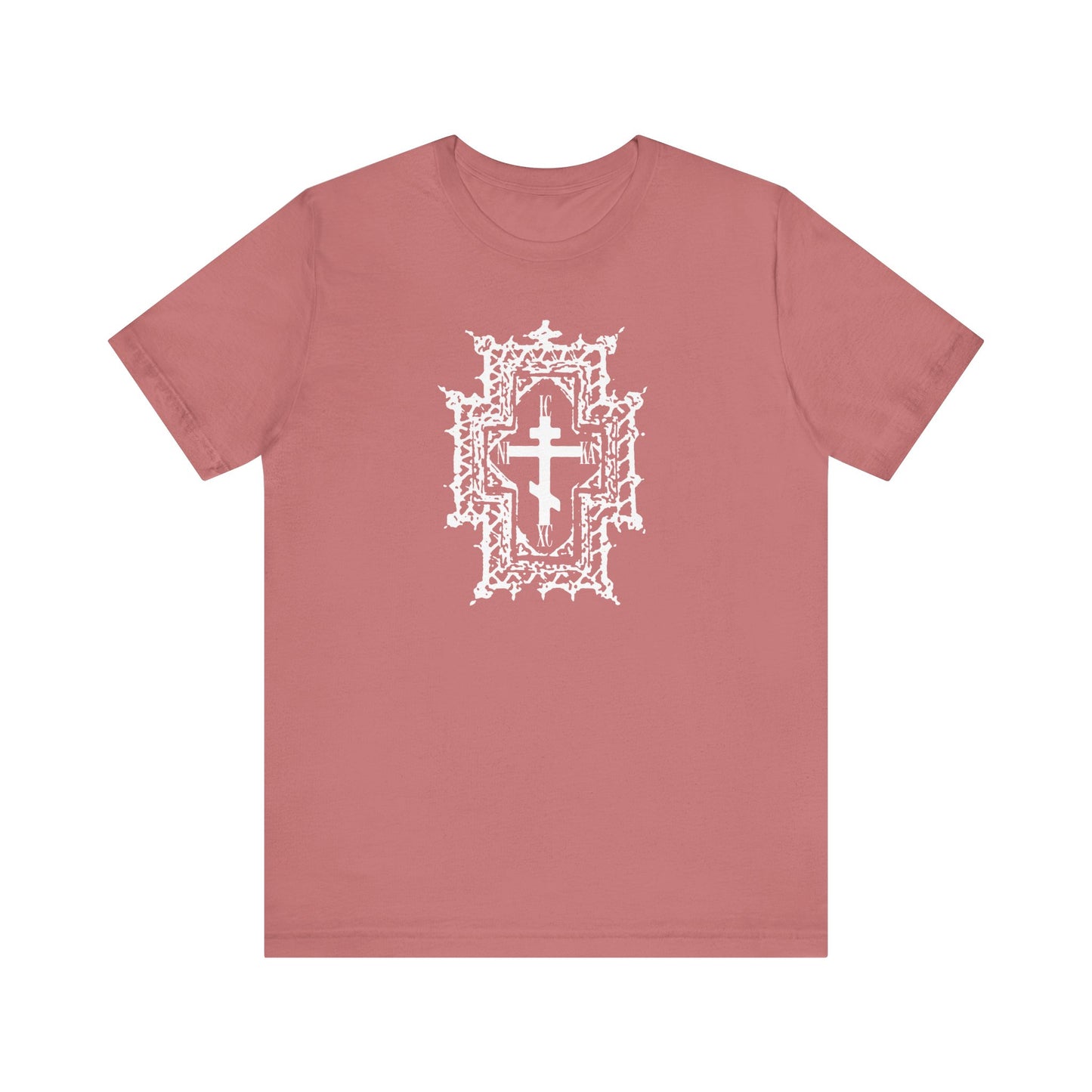 Mauve ICXC NIKA unisex tee featuring a white Gothic Cathedral Style Orthodox Cross, inspired by Jesus Christ's victory and healing sufferings; lightweight cotton, Christian design.