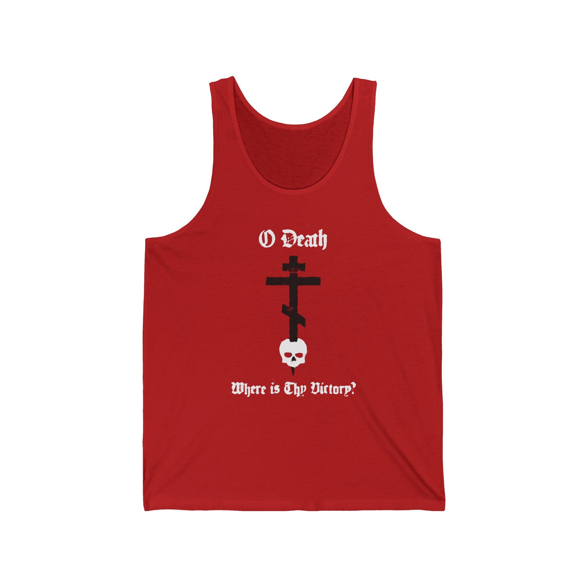 Red "O Death Where is Thy Victory? 1 Cor 15:55" Orthodox Christian tank top features a spraypaint-style cross stabbing a skull, inspired by 1 Corinthians 15:55 and the promise of victory over death.