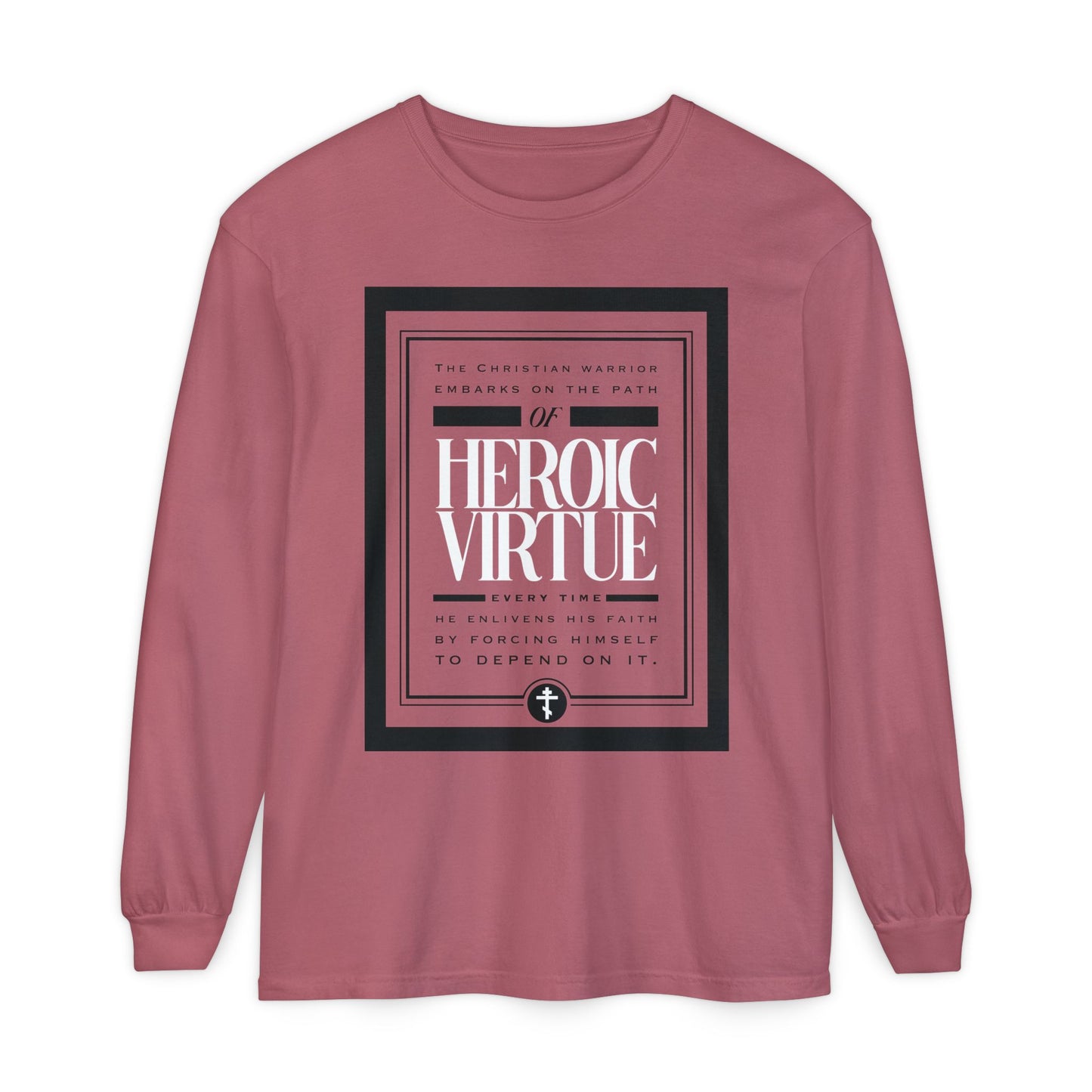 Crimson long-sleeve shirt featuring “Christian Warrior | Path of Heroic Virtue,” devotion-inspired graphics, and the quote “I can do all things through Christ” (Phil 4:13) for spiritual motivation.