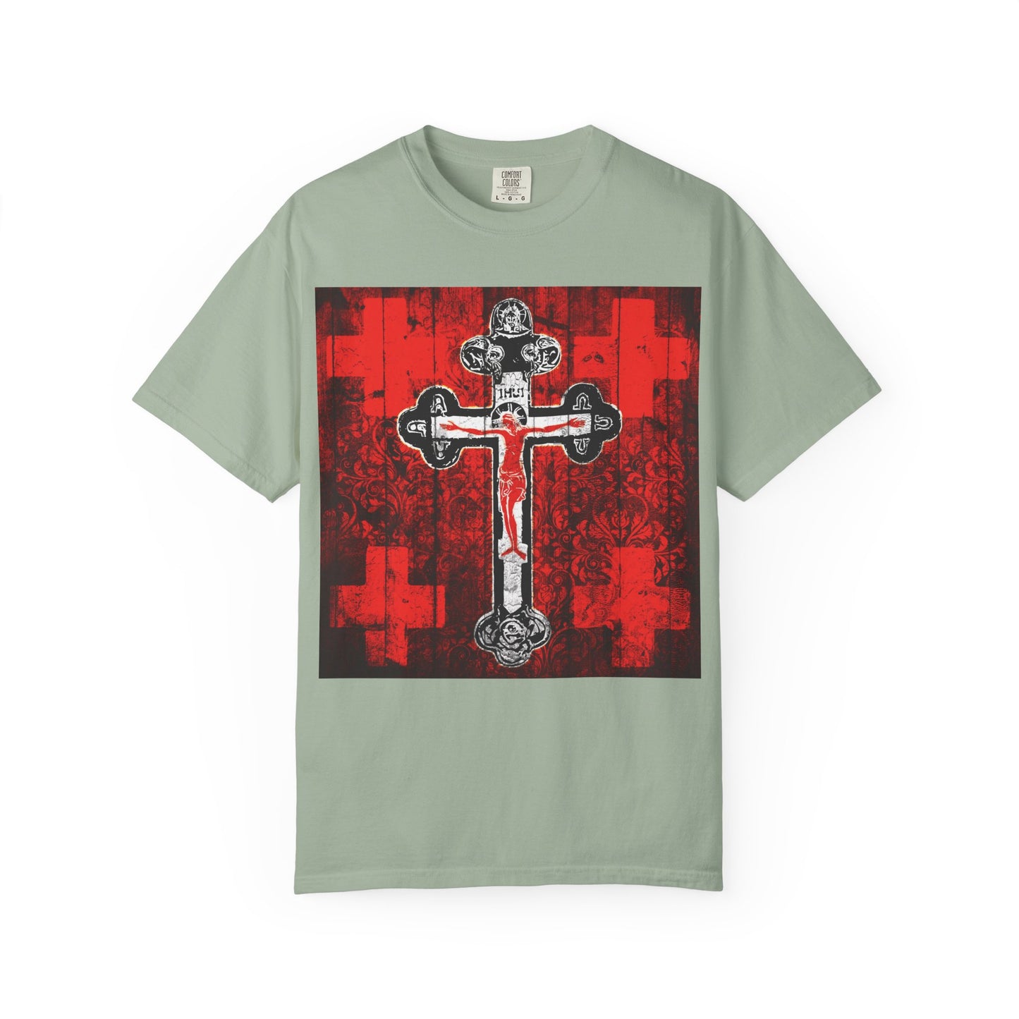 Bay-colored Alpha & Omega Art Cross T-shirt featuring a striking black and white ornate crucifix on a red, patterned background with subtle cross motifs—a meaningful design inspired by the Adoration of the Precious and Life-Giving Cross, perfect for Great Lent observance or evening Vespers services. This Christian heavyweight cotton unisex tee showcases Orthodox iconographic style in red, white, and black.