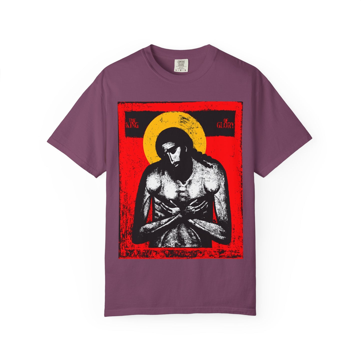 Berry-colored heavyweight cotton tee featuring “The King of Glory Jesus Christ ‘Extreme Humility’ IconoGraphic” in red, yellow, white, and black—Christian devotional apparel inspired by Isaiah 53 and the sacrifice of Jesus Christ.