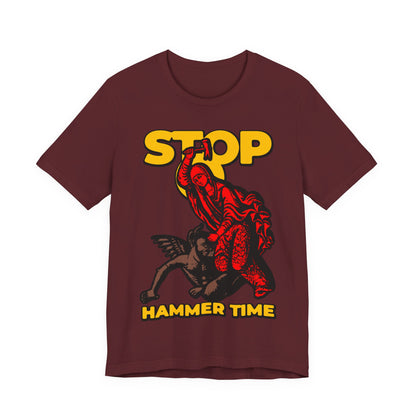 Unisex tee inspired by St Marina of Antioch: "Stop, Hammer Time" modern Orthodox meme, features red, blue, and yellow design with St. Marina beating the devil—fun Christian shirt for all.