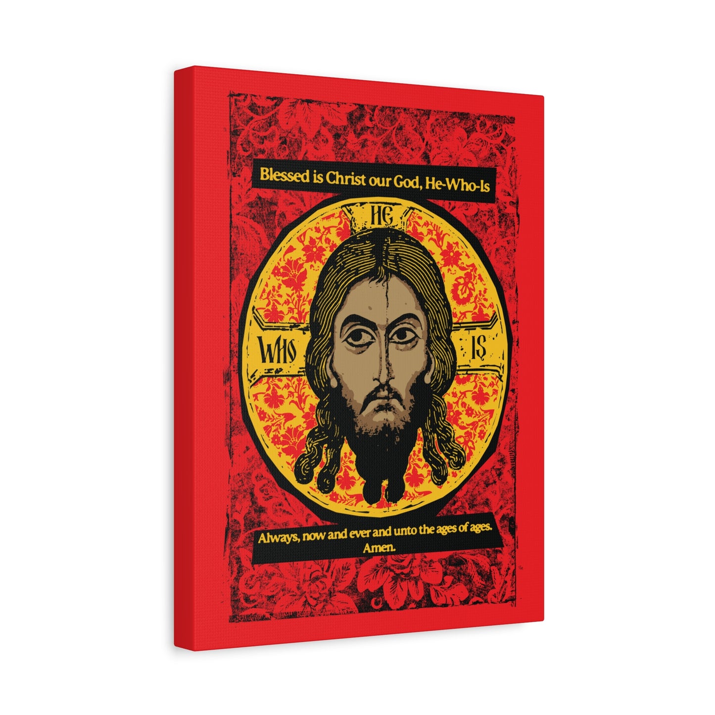 Remembrance of Death "Made Without Hands (Mandylion)" canvas displays Christ’s face with a golden halo on red, featuring Orthodox hymn text: “Blessed is Christ our God, He-Who-Is. Always, now and ever and unto the ages of ages. Amen.”.
