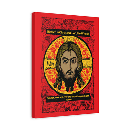 Remembrance of Death "Made Without Hands (Mandylion)" canvas displays Christ’s face with a golden halo on red, featuring Orthodox hymn text: “Blessed is Christ our God, He-Who-Is. Always, now and ever and unto the ages of ages. Amen.”.