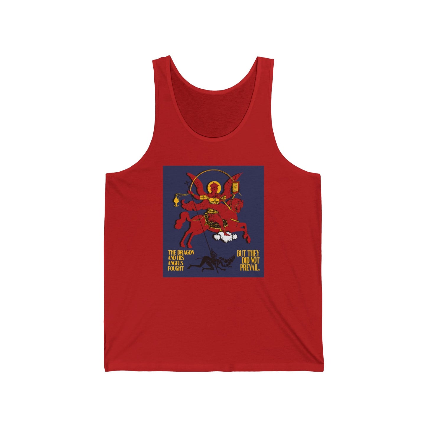Archangel Michael of the Apocalypse IconoGraphic (Revelation 12:7-8) | Red Angel and Horse on Blue Background | Orthodox Christian Jersey Tank Top / Sleeveless Shirt