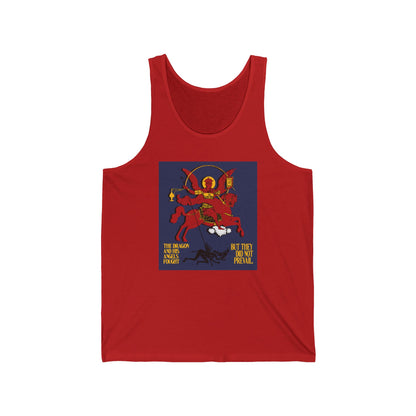 Archangel Michael of the Apocalypse IconoGraphic (Revelation 12:7-8) | Red Angel and Horse on Blue Background | Orthodox Christian Jersey Tank Top / Sleeveless Shirt