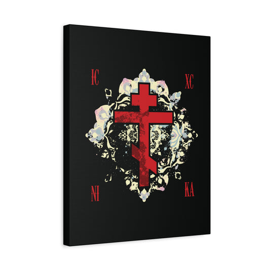 The ICXC NIKA Means Jesus Christ Conquers canvas art features a textured red Orthodox cross on a medieval floral background, symbolizing spiritual victory and enduring faith, perfect for Orthodox Christian home decor.
